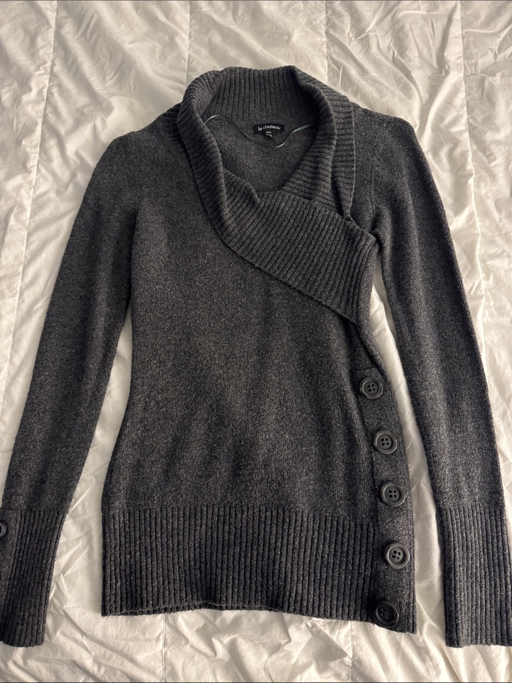 Le Chateau Charcoal Asymmetrical Button Sweater